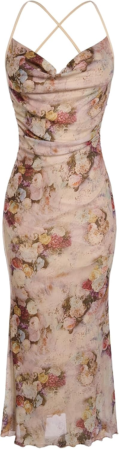 SOLY HUX Women's Floral Mesh Cami Dress Cocktail Wedding Guest Long Dresses