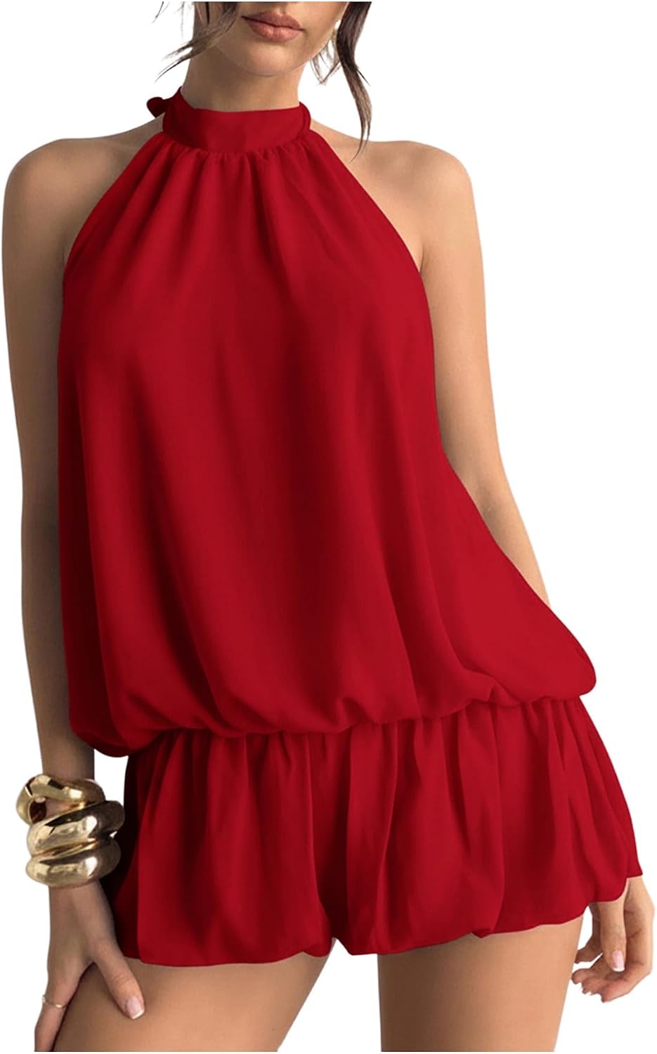 Floerns Women Backless Sleeveless Ruffle Bubble Hem Mesh Halter Mini Dress