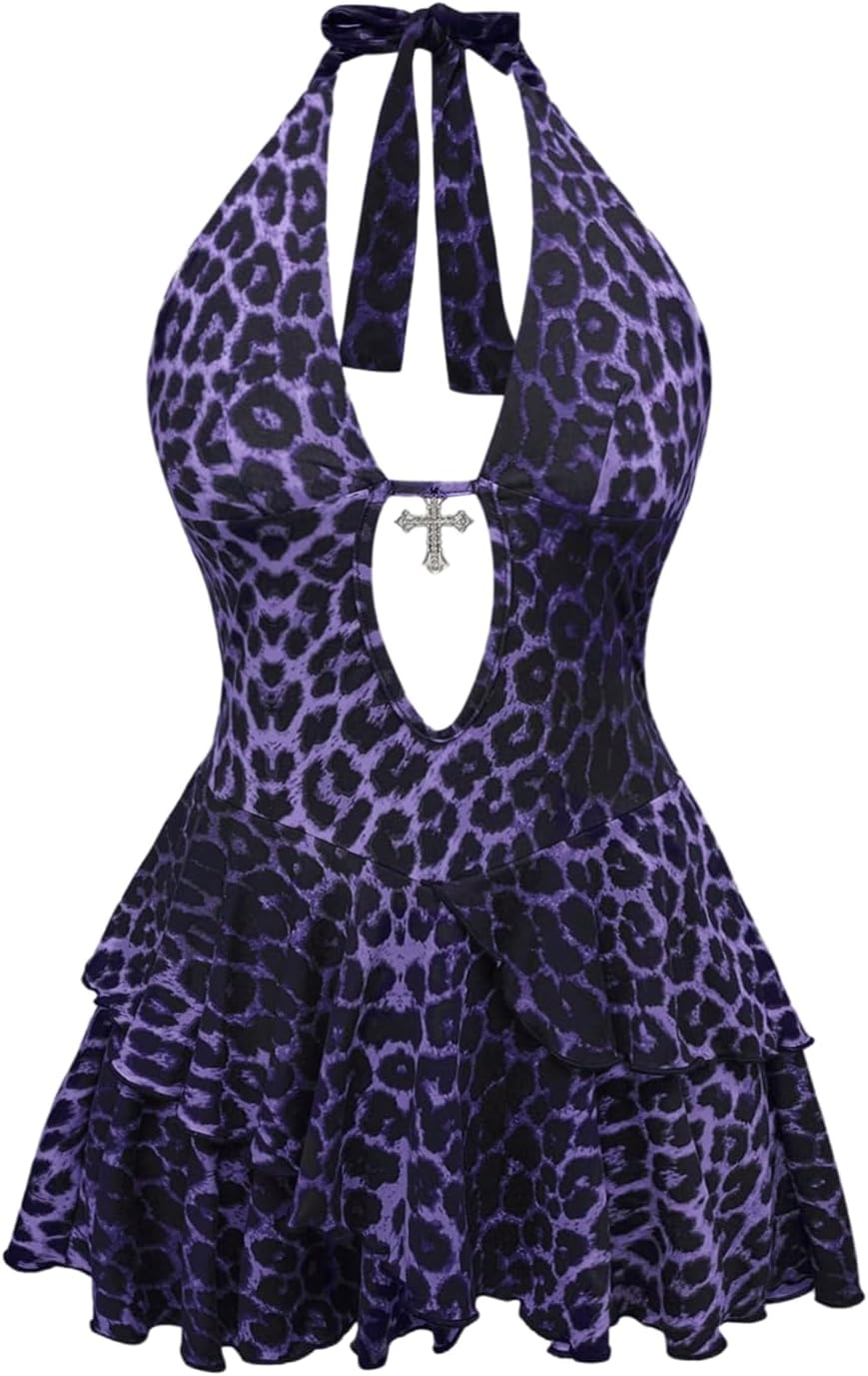 SOLY HUX Women's Cheetah Print Backless Halter Mini Dress