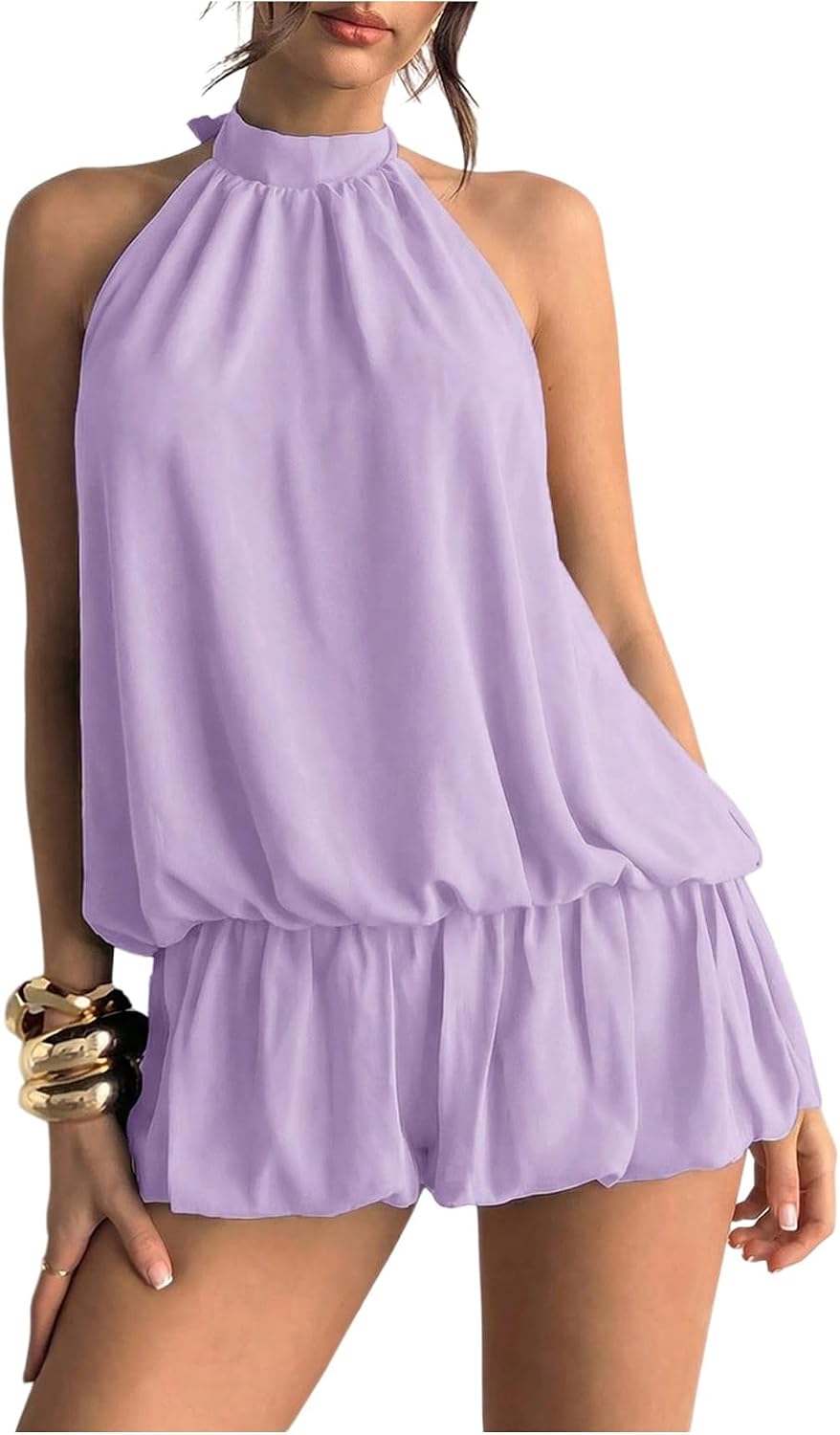 Floerns Women Backless Sleeveless Ruffle Bubble Hem Mesh Halter Mini Dress