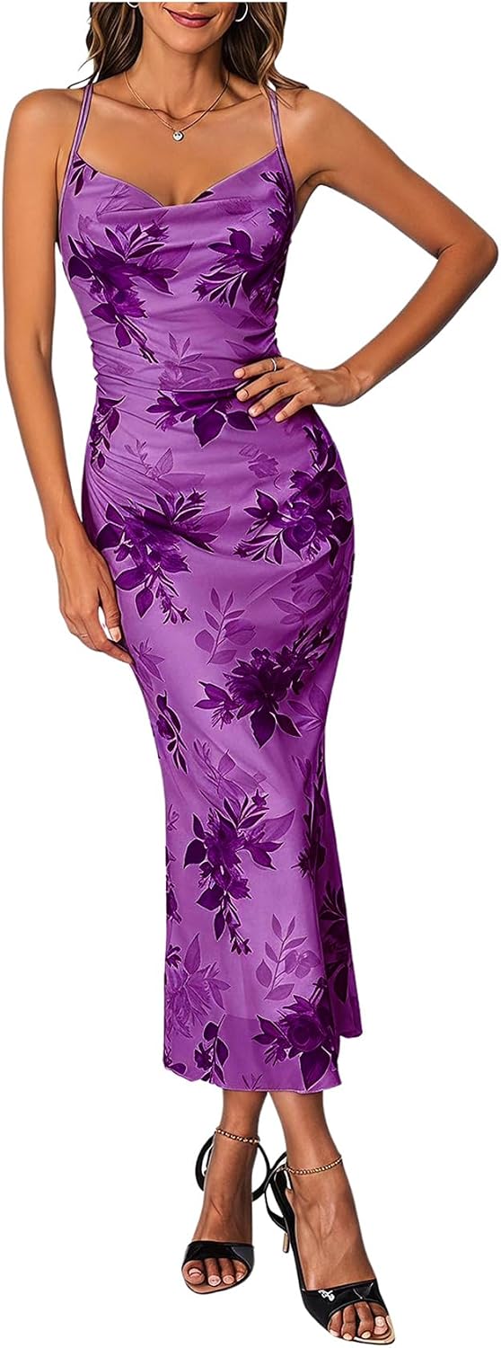 SOLY HUX Women's Floral Mesh Cami Dress Cocktail Wedding Guest Long Dresses
