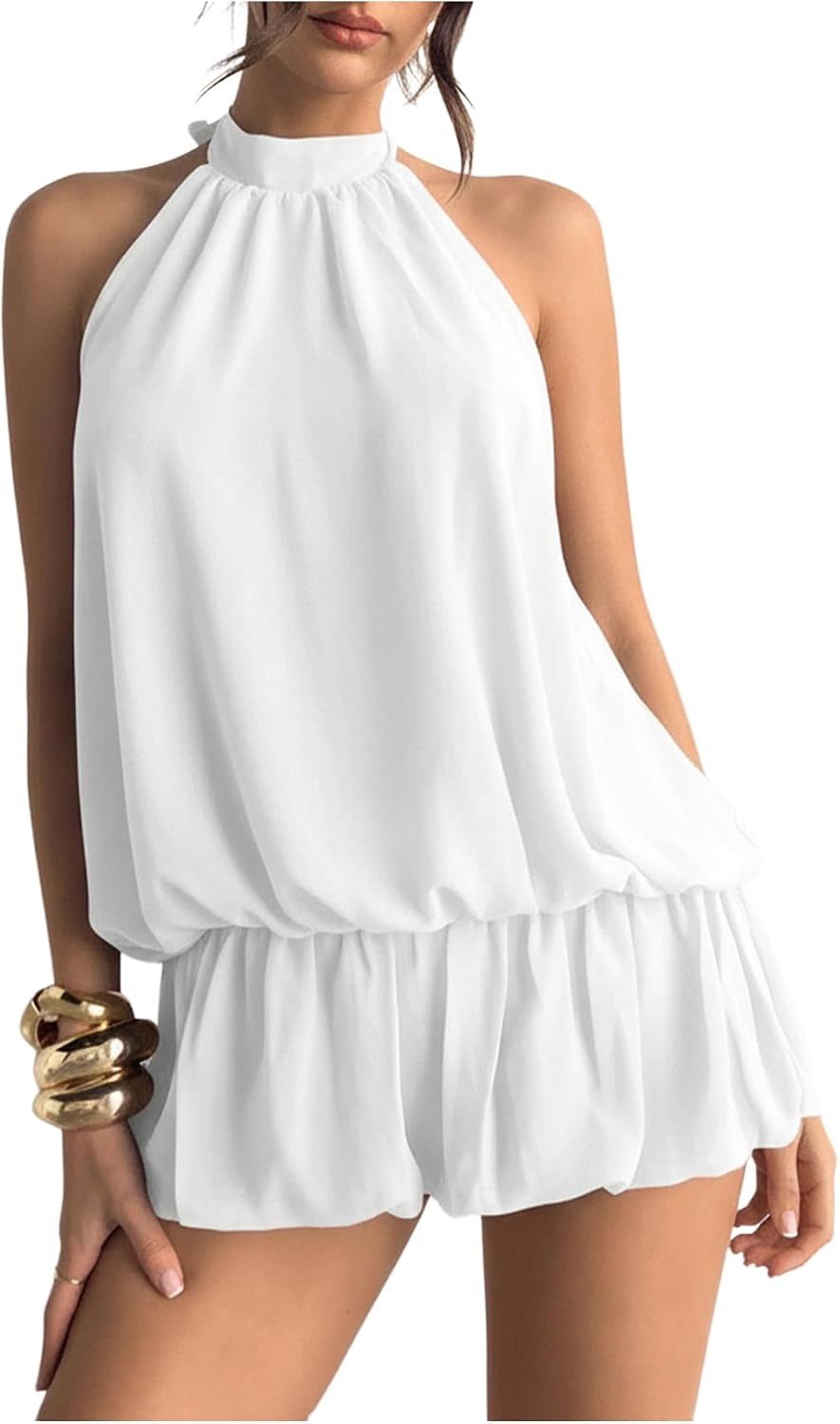 Floerns Women Backless Sleeveless Ruffle Bubble Hem Mesh Halter Mini Dress