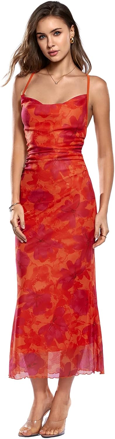 SOLY HUX Women's Floral Mesh Cami Dress Cocktail Wedding Guest Long Dresses