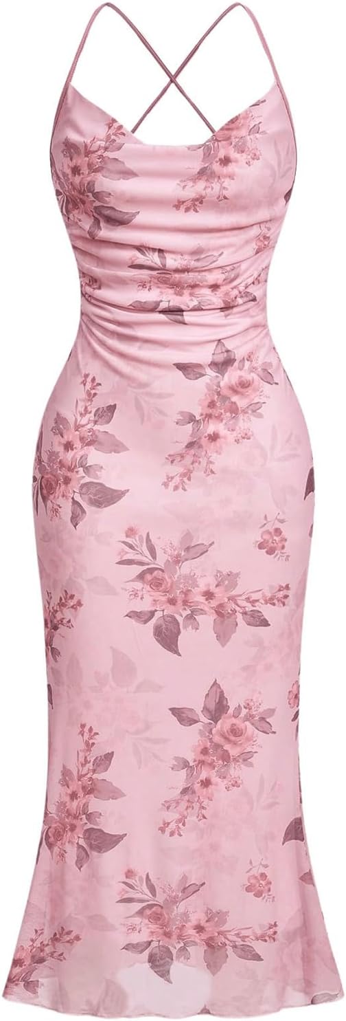 SOLY HUX Women's Floral Mesh Cami Dress Cocktail Wedding Guest Long Dresses