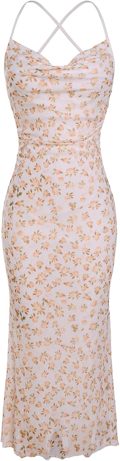 SOLY HUX Women's Floral Mesh Cami Dress Cocktail Wedding Guest Long Dresses