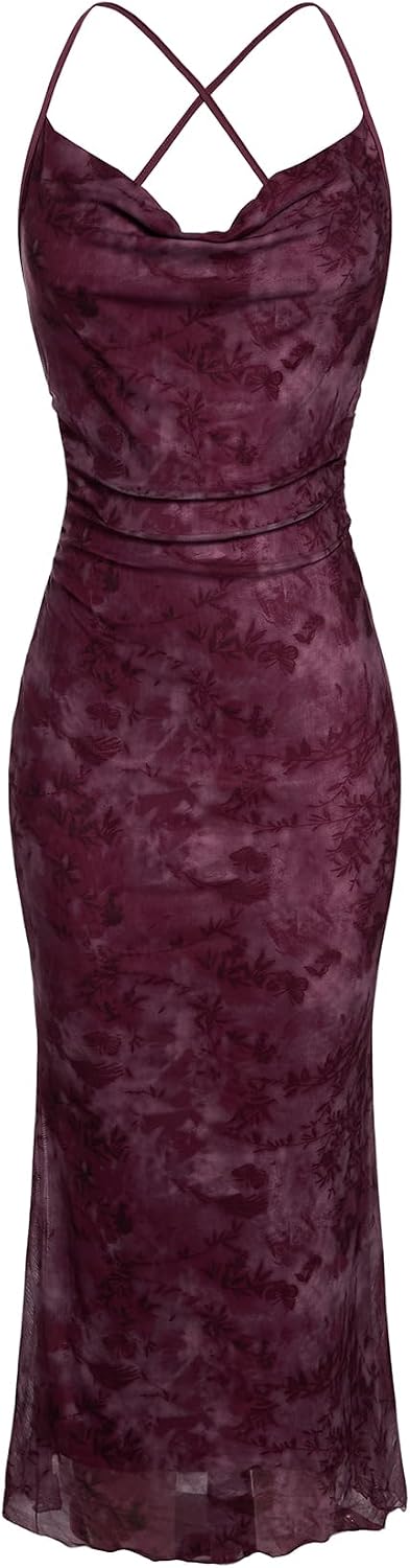 SOLY HUX Women's Floral Mesh Cami Dress Cocktail Wedding Guest Long Dresses