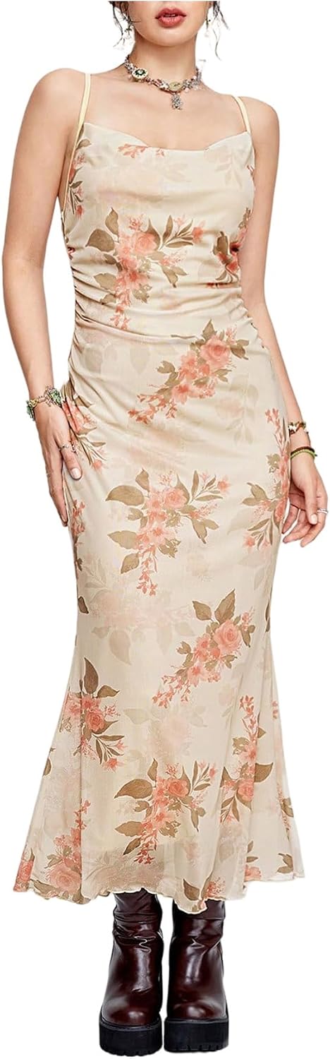 SOLY HUX Women's Floral Mesh Cami Dress Cocktail Wedding Guest Long Dresses