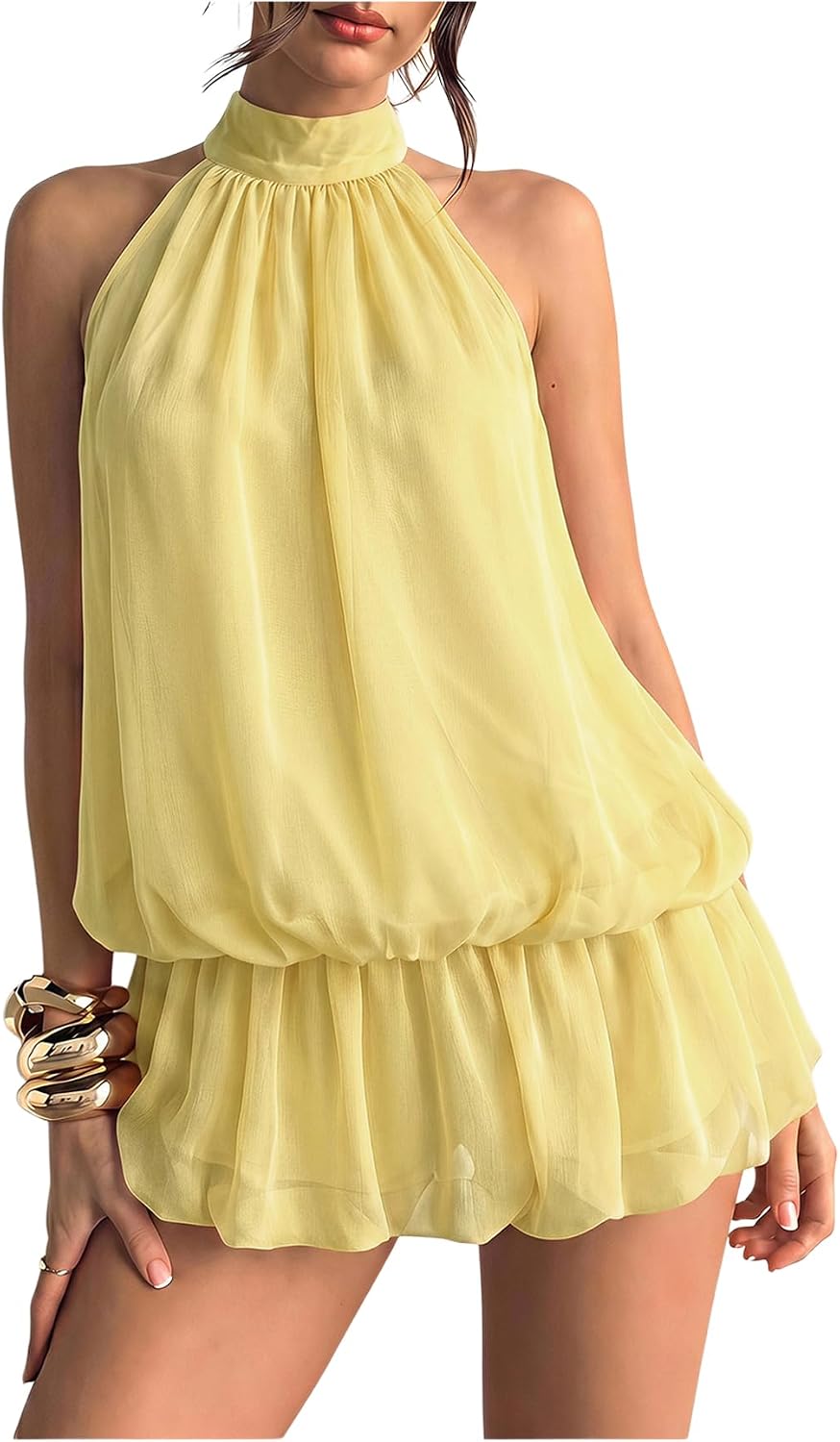 Floerns Women Backless Sleeveless Ruffle Bubble Hem Mesh Halter Mini Dress