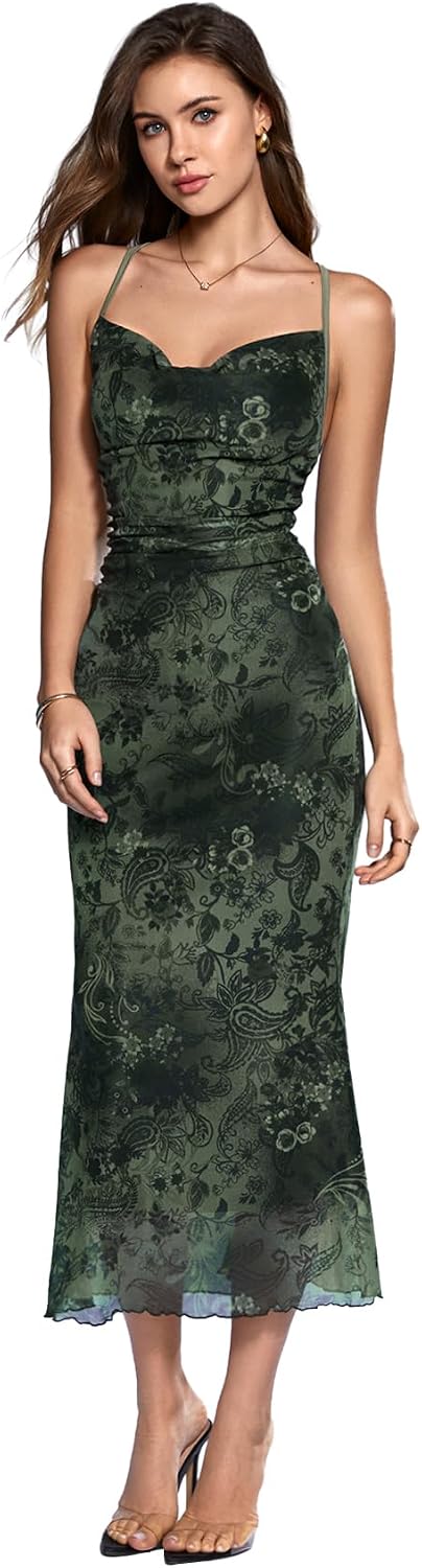 SOLY HUX Women's Floral Mesh Cami Dress Cocktail Wedding Guest Long Dresses