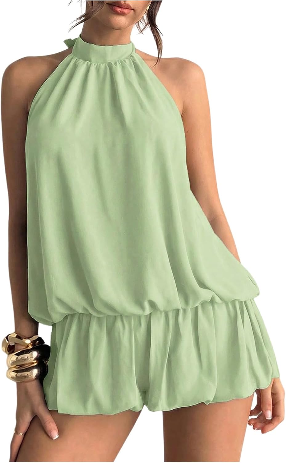 Floerns Women Backless Sleeveless Ruffle Bubble Hem Mesh Halter Mini Dress