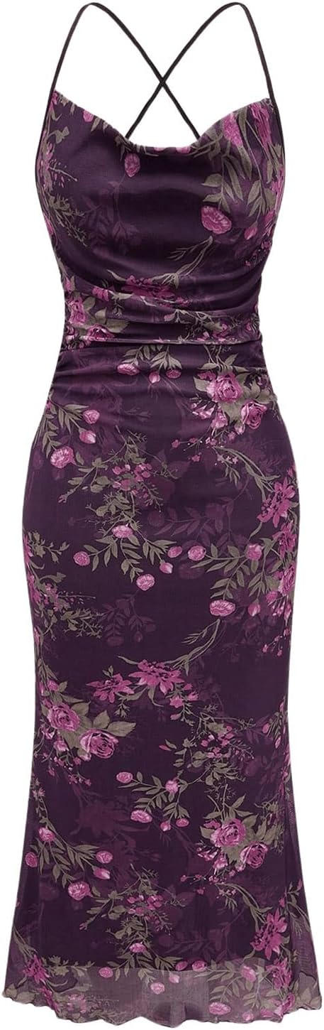 SOLY HUX Women's Floral Mesh Cami Dress Cocktail Wedding Guest Long Dresses