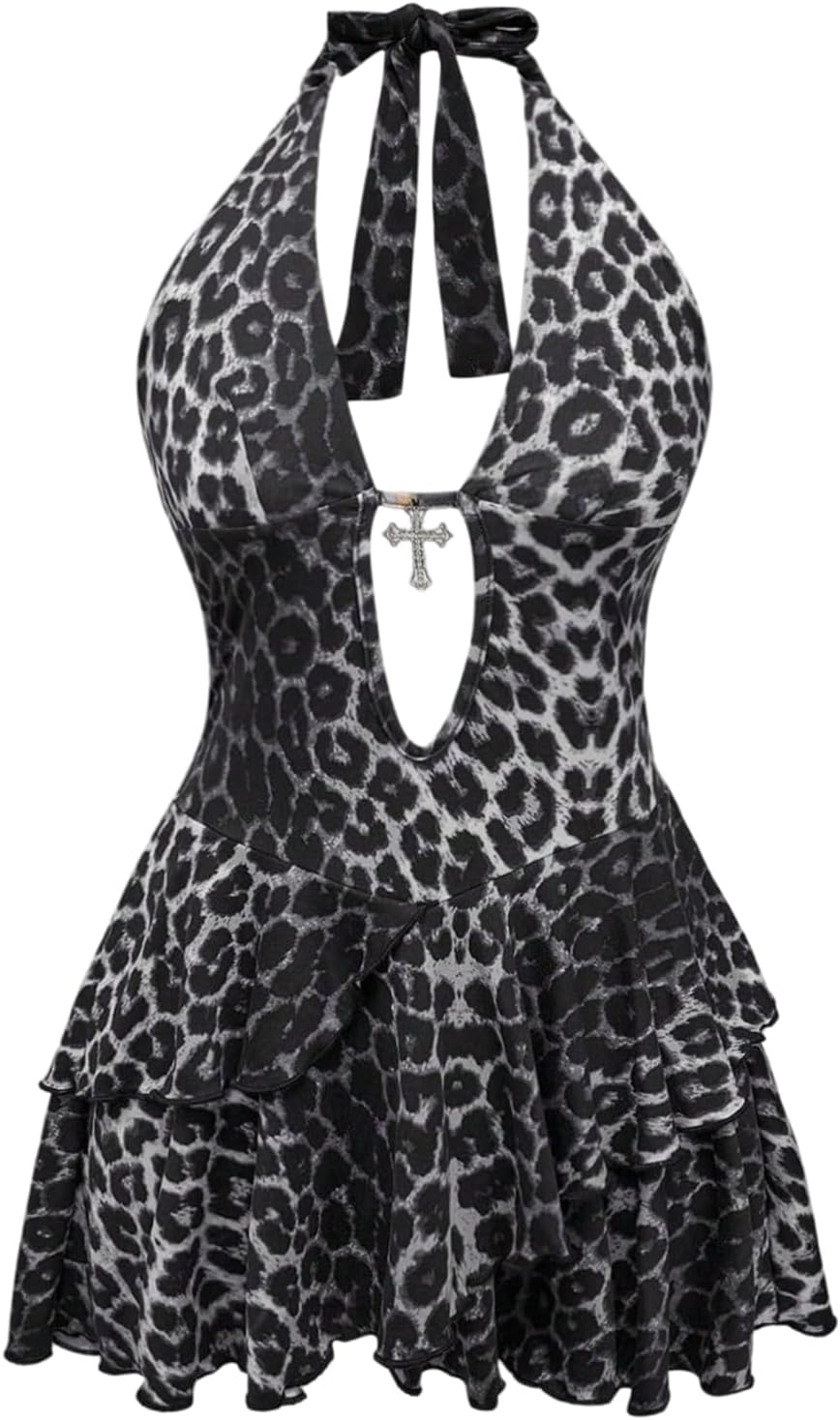 SOLY HUX Women's Cheetah Print Backless Halter Mini Dress