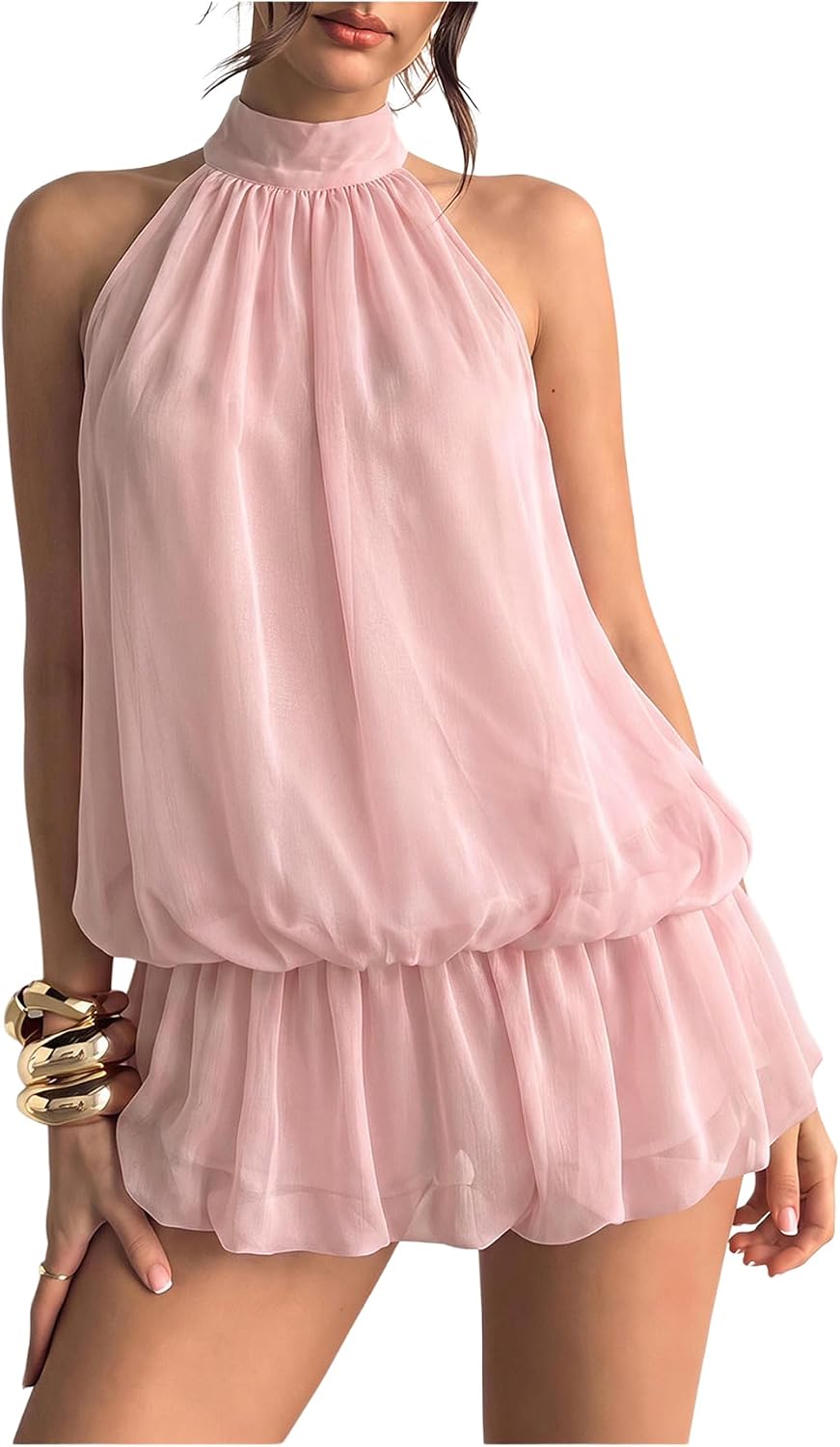 Floerns Women Backless Sleeveless Ruffle Bubble Hem Mesh Halter Mini Dress