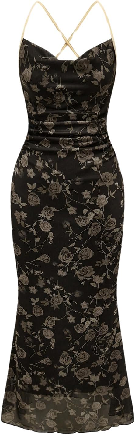 SOLY HUX Women's Floral Mesh Cami Dress Cocktail Wedding Guest Long Dresses