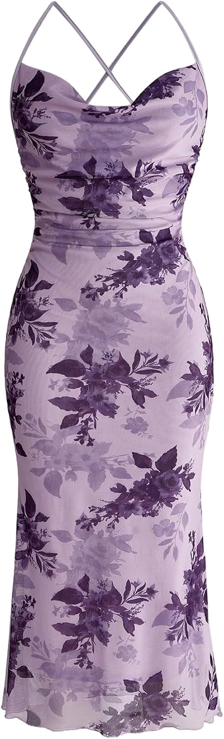SOLY HUX Women's Floral Mesh Cami Dress Cocktail Wedding Guest Long Dresses