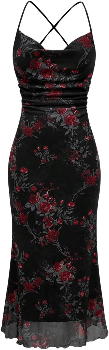 SOLY HUX Women's Floral Mesh Cami Dress Cocktail Wedding Guest Long Dresses
