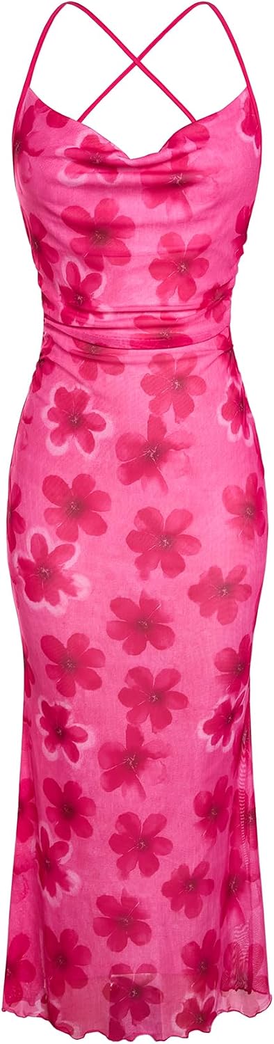 SOLY HUX Women's Floral Mesh Cami Dress Cocktail Wedding Guest Long Dresses