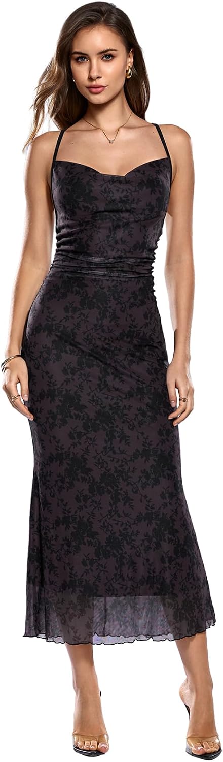 SOLY HUX Women's Floral Mesh Cami Dress Cocktail Wedding Guest Long Dresses