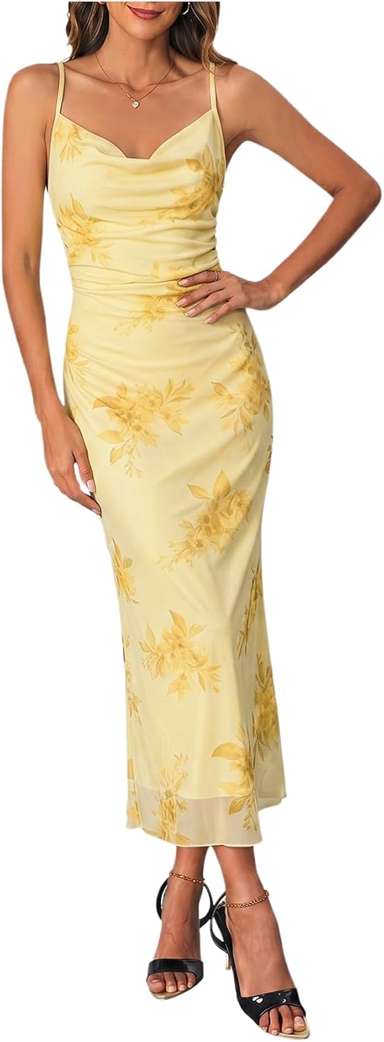 SOLY HUX Women's Floral Mesh Cami Dress Cocktail Wedding Guest Long Dresses
