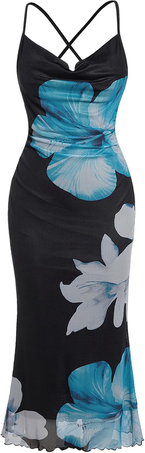 SOLY HUX Women's Floral Mesh Cami Dress Cocktail Wedding Guest Long Dresses