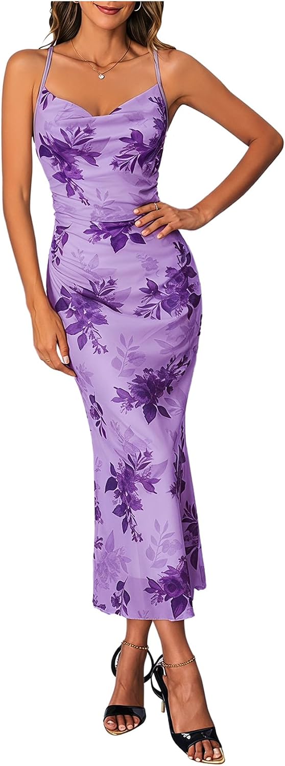SOLY HUX Women's Floral Mesh Cami Dress Cocktail Wedding Guest Long Dresses