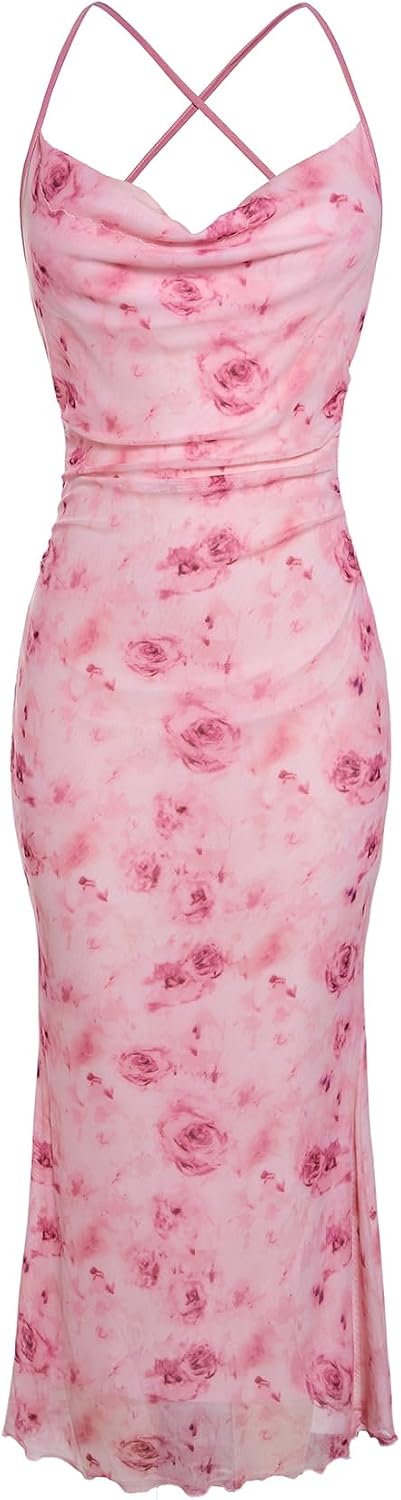 SOLY HUX Women's Floral Mesh Cami Dress Cocktail Wedding Guest Long Dresses
