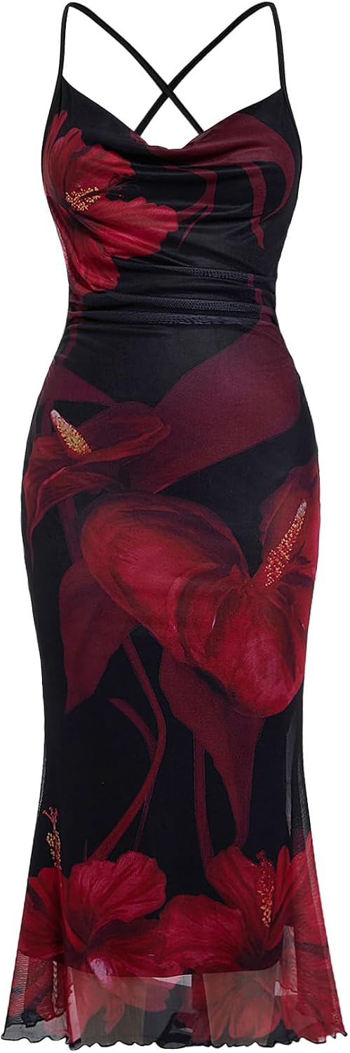 SOLY HUX Women's Floral Mesh Cami Dress Cocktail Wedding Guest Long Dresses