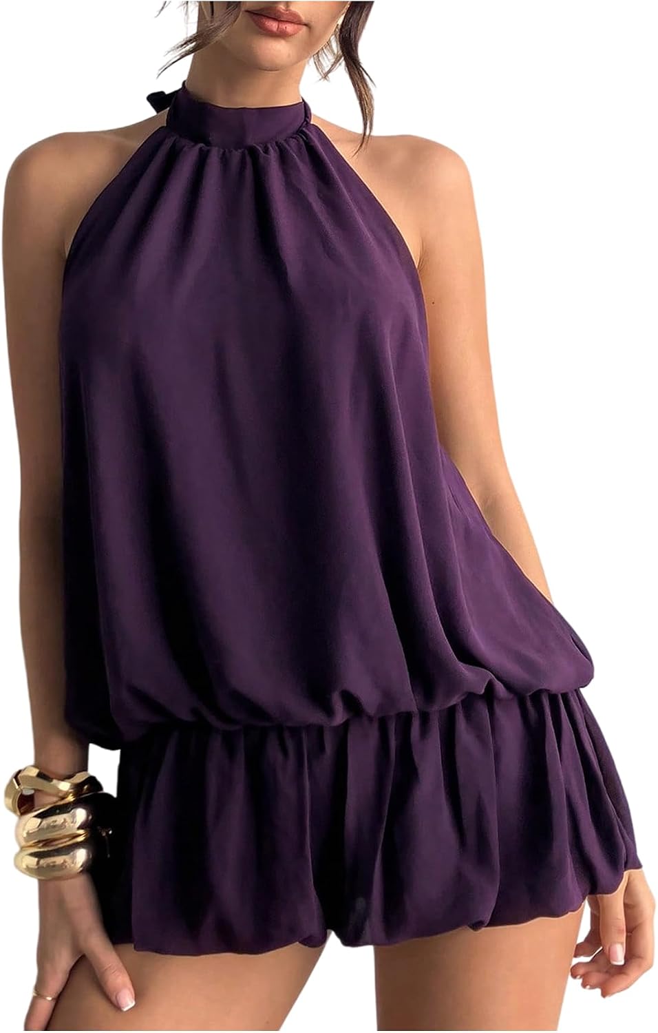 Floerns Women Backless Sleeveless Ruffle Bubble Hem Mesh Halter Mini Dress