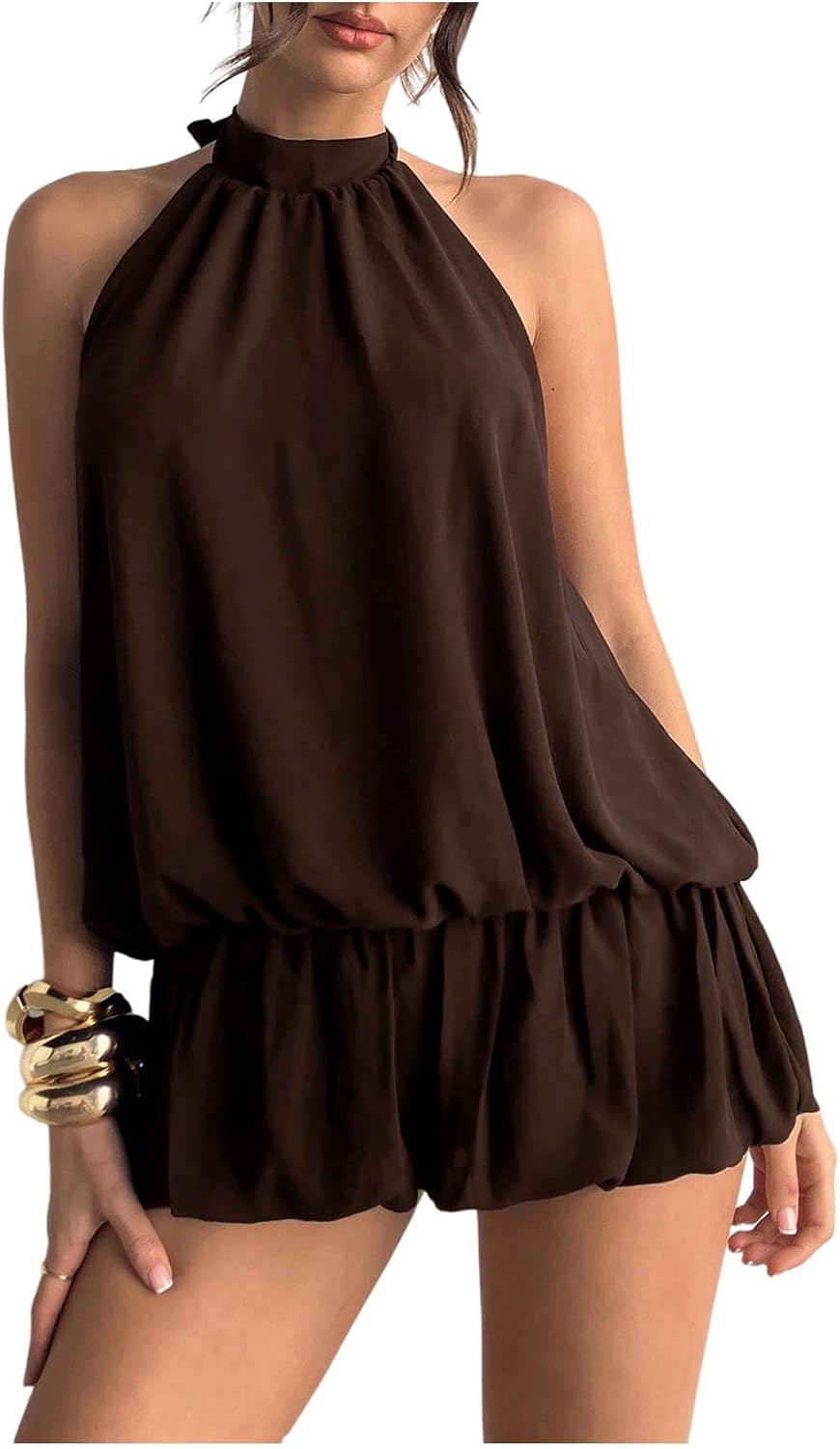 Floerns Women Backless Sleeveless Ruffle Bubble Hem Mesh Halter Mini Dress