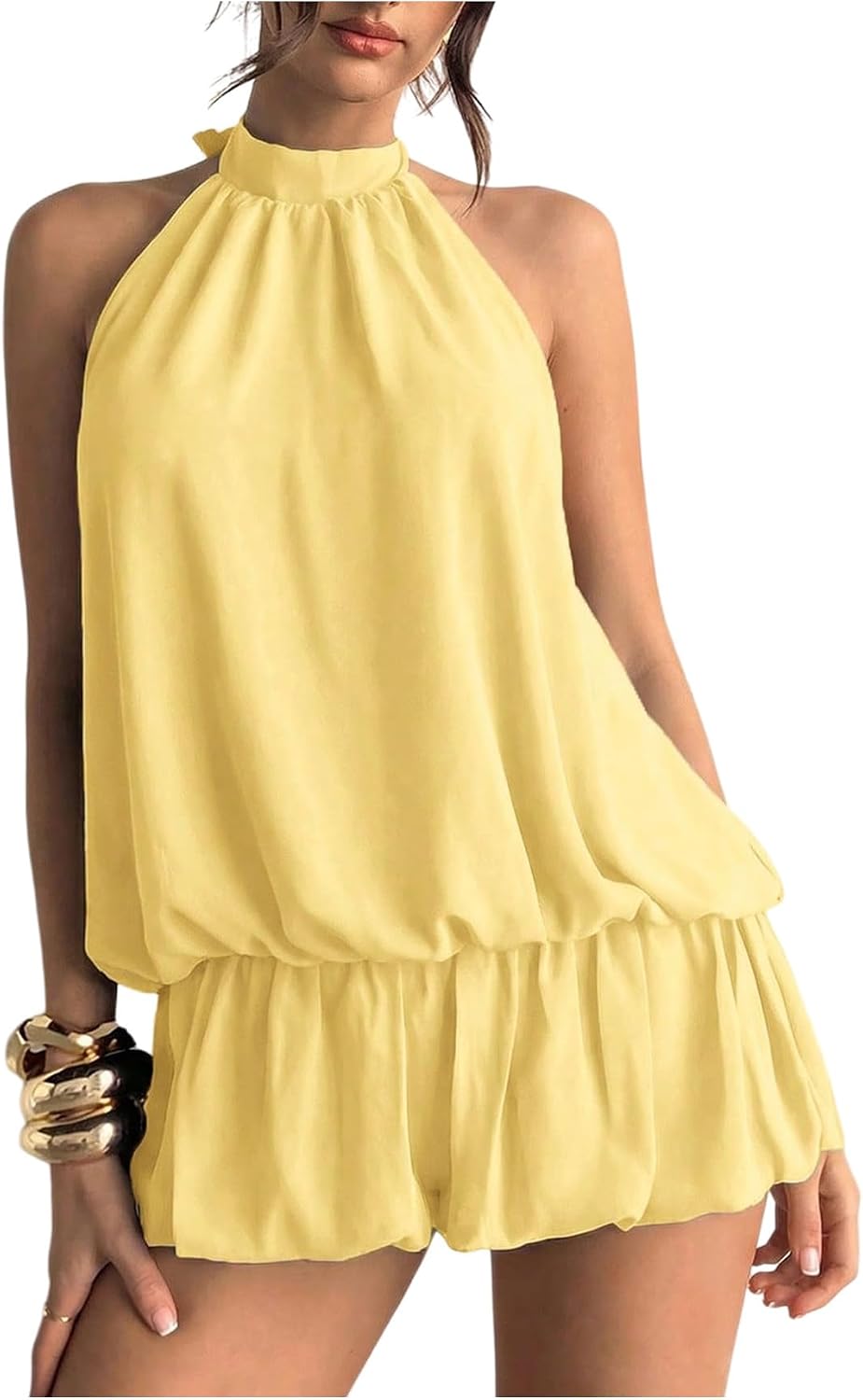 Floerns Women Backless Sleeveless Ruffle Bubble Hem Mesh Halter Mini Dress