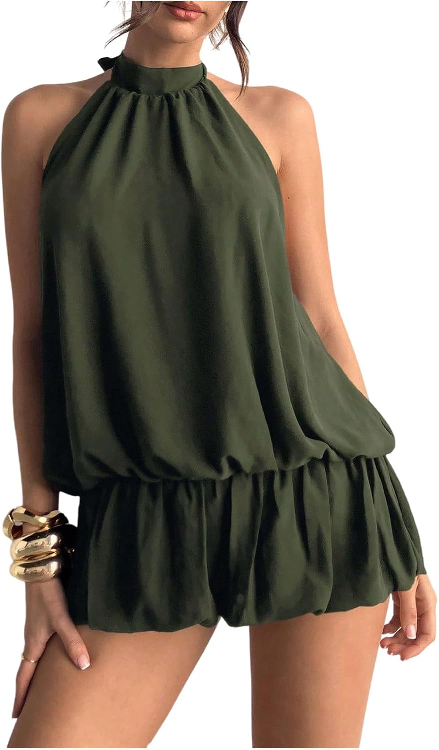 Floerns Women Backless Sleeveless Ruffle Bubble Hem Mesh Halter Mini Dress