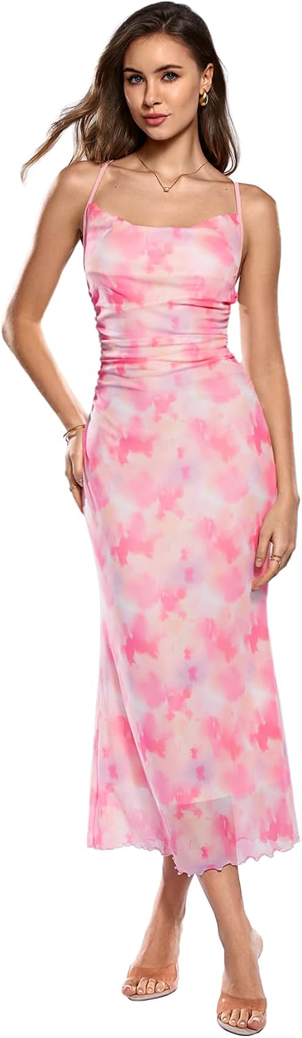 SOLY HUX Women's Floral Mesh Cami Dress Cocktail Wedding Guest Long Dresses