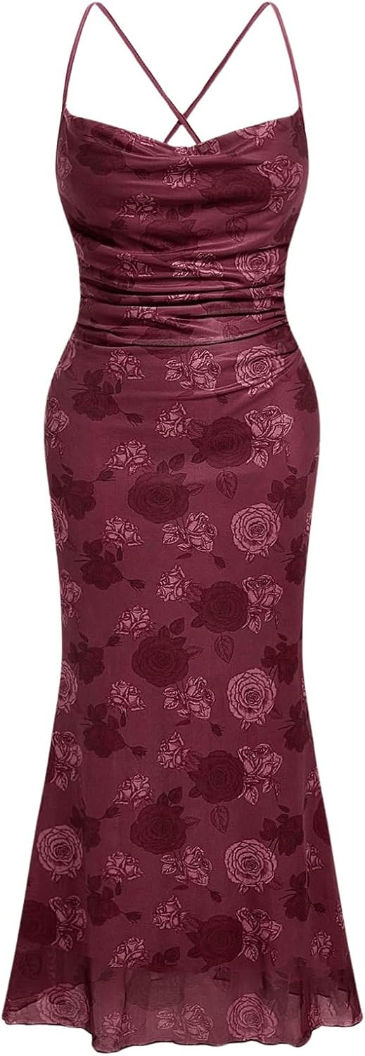 SOLY HUX Women's Floral Mesh Cami Dress Cocktail Wedding Guest Long Dresses