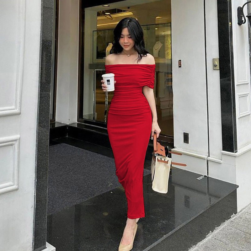 One-Shoulder Pleated Dress, Slim Fit, Bodycon, Side Slit, Cocktail Dress Long Dress