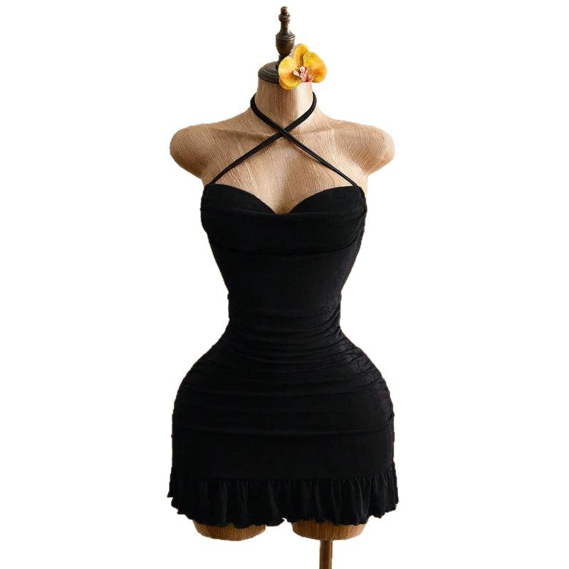 Pure and Seductive Shoulder Strap Dress with Pleated Waist,  Fitted Bodycon Mini Cocktail Dress
