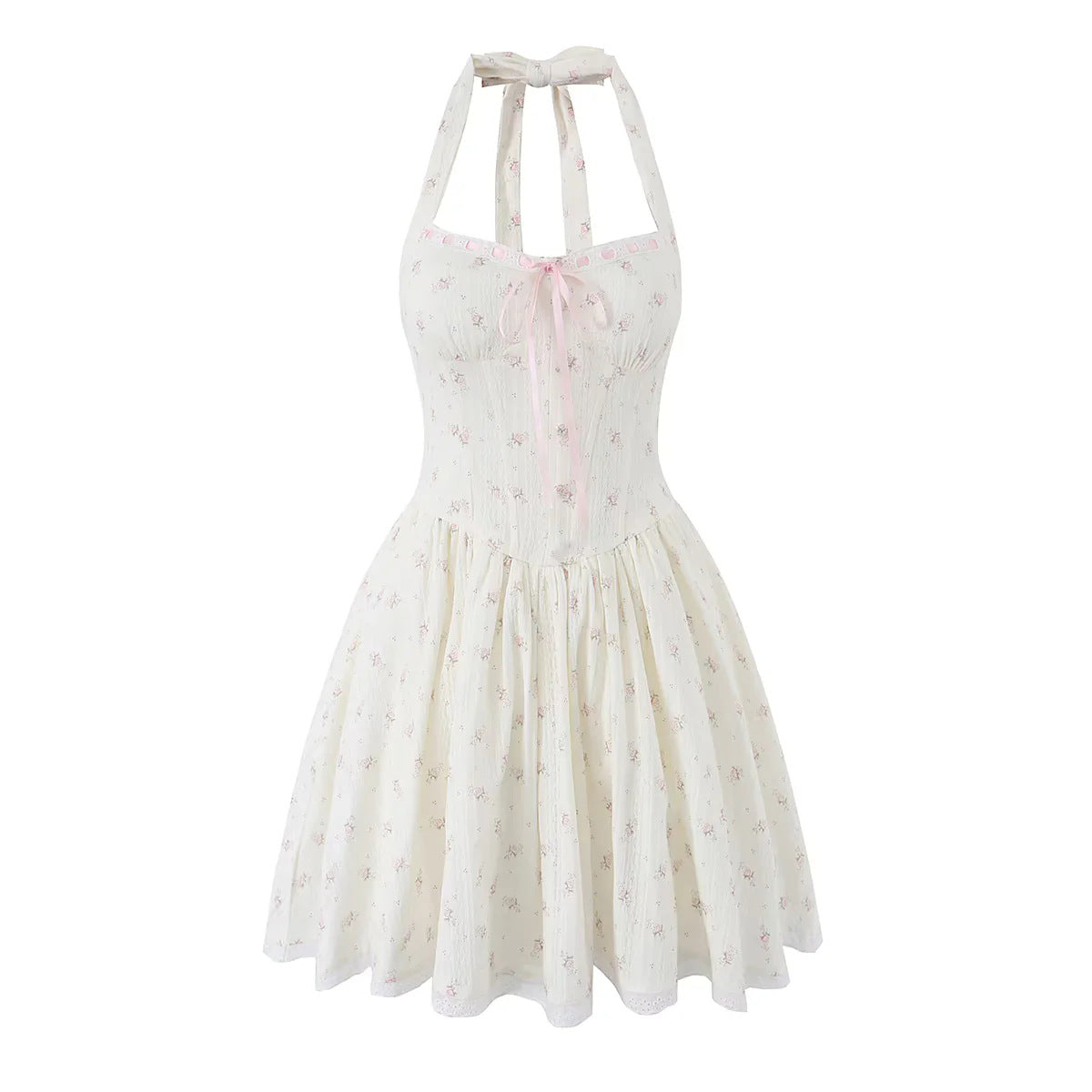 Charming Floral Print Dress for Women Cute Vacation Style Halter Neck Mini A-Line Pleated Skirt