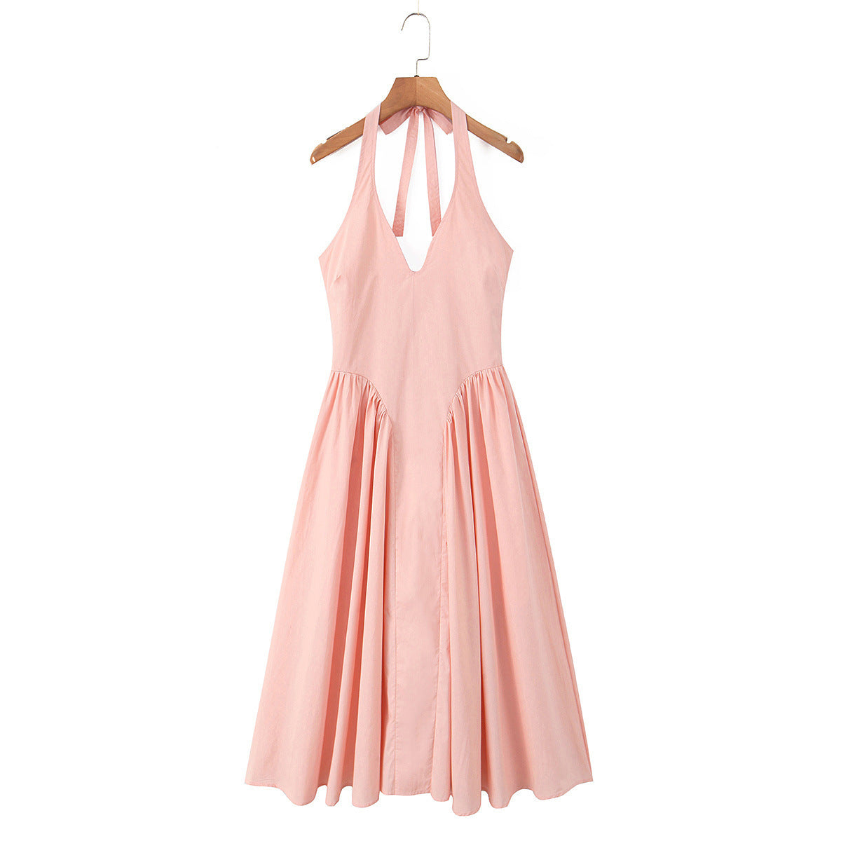 Elegant waist cinched backless neck hanging mid length dress