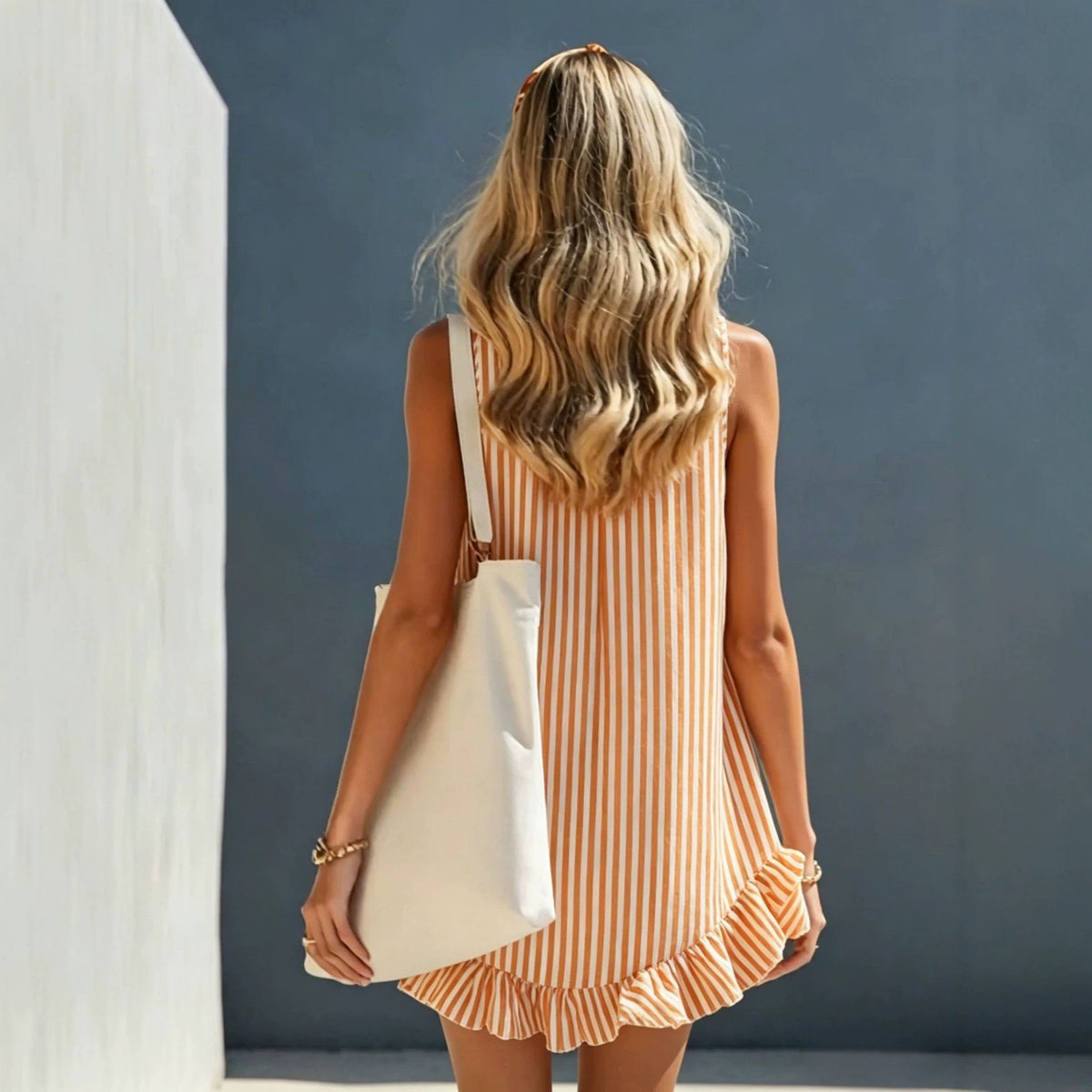 Fashion Summer Stripe Ruffle Sleeveless V-Neck Strap Mini Dress for Vacation