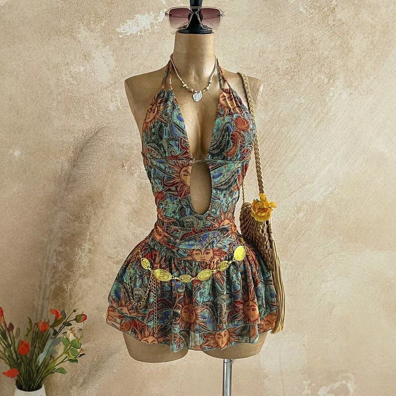 Print Halter Neck Dress Deep V Cut-Out Waist Beach Vacation Short Mini Dress