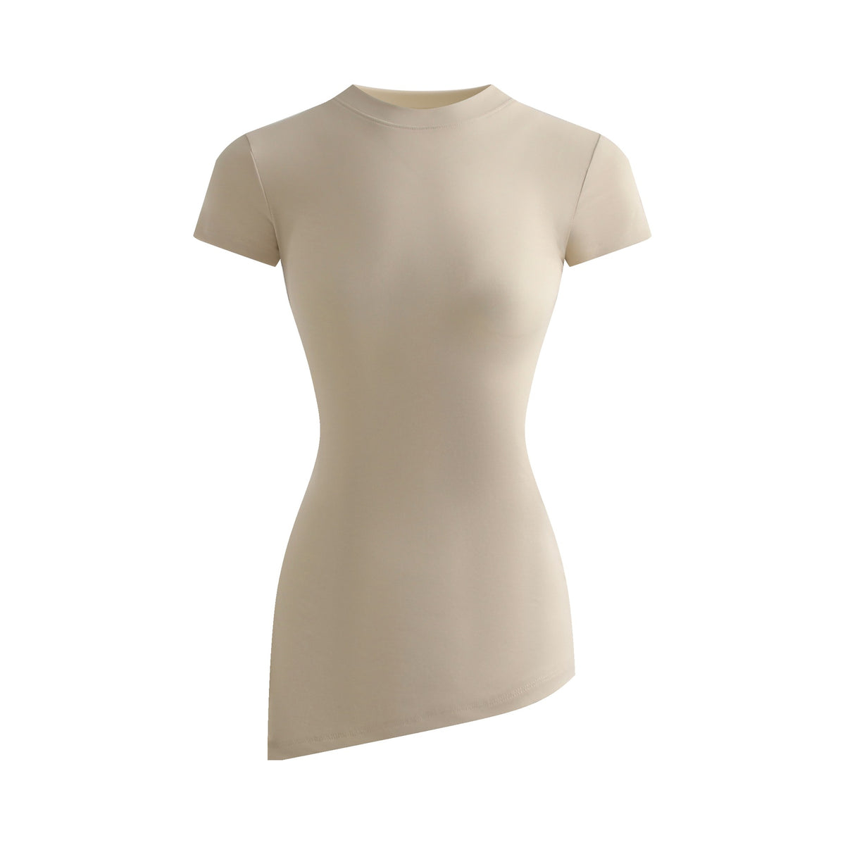 Slim-Fitting Versatile Knit Stretchy Fitted Slimming Short Sleeve Side-Slit Pleated Round Neck T-Shirt for Women