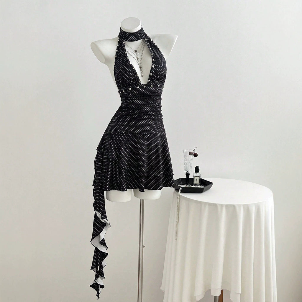 Hanging neck V-neck polka dot waist women's dress