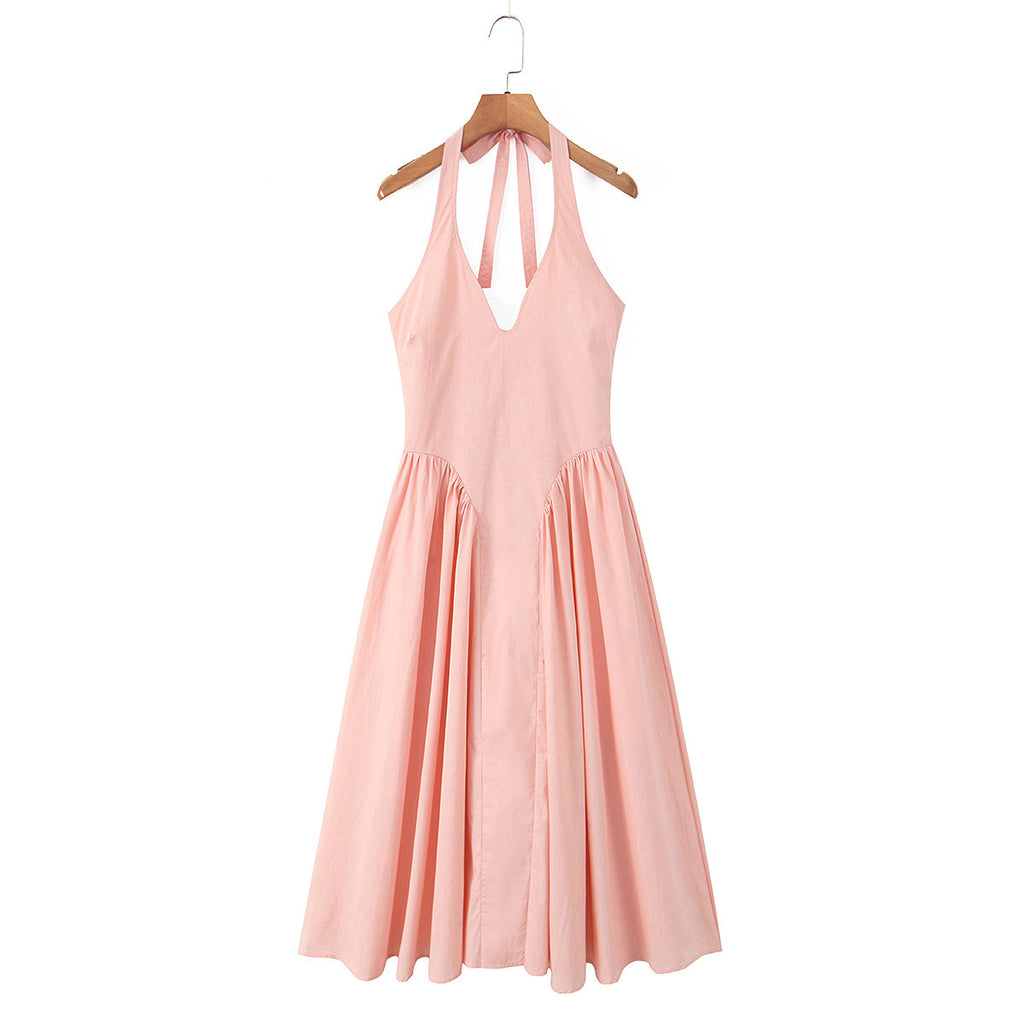Elegant waist cinched backless neck hanging mid length dress