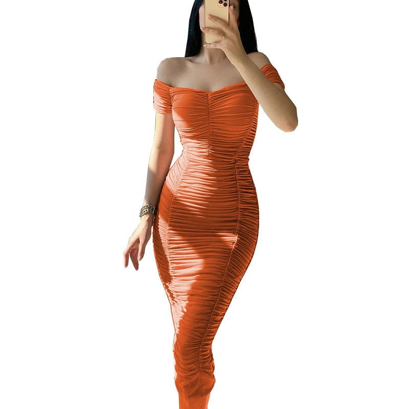 Elegant Pure Color Long Dress with Off-Shoulder Pleated DesignSummer Women's Dress