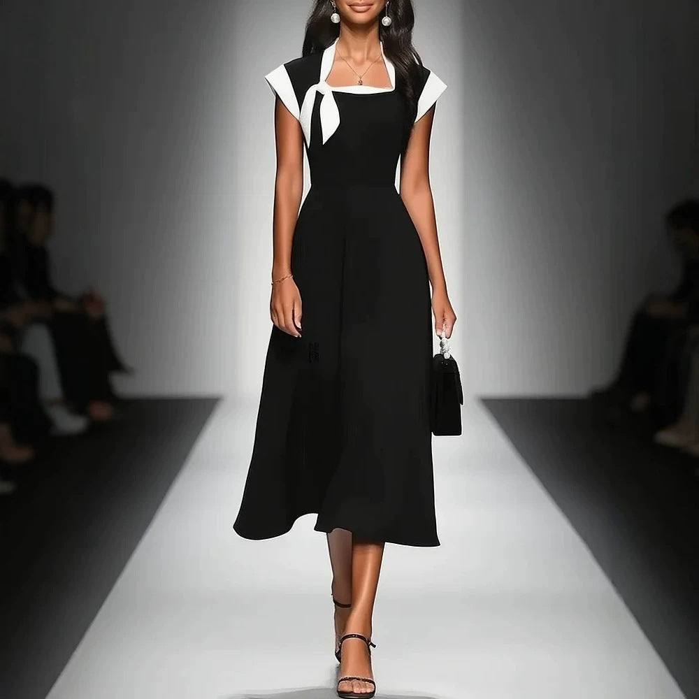 Elegant Vintage Square Neck  Dress with Bow Detailing