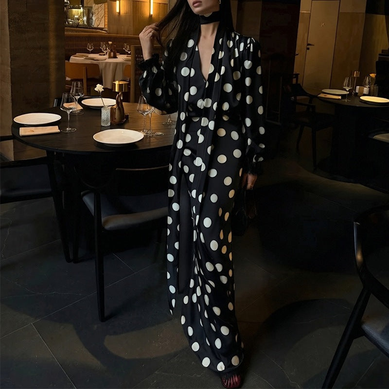 Vintage Polka Dot Puff Sleeve Fitted Long Dress Women's Fashion Spring Style
