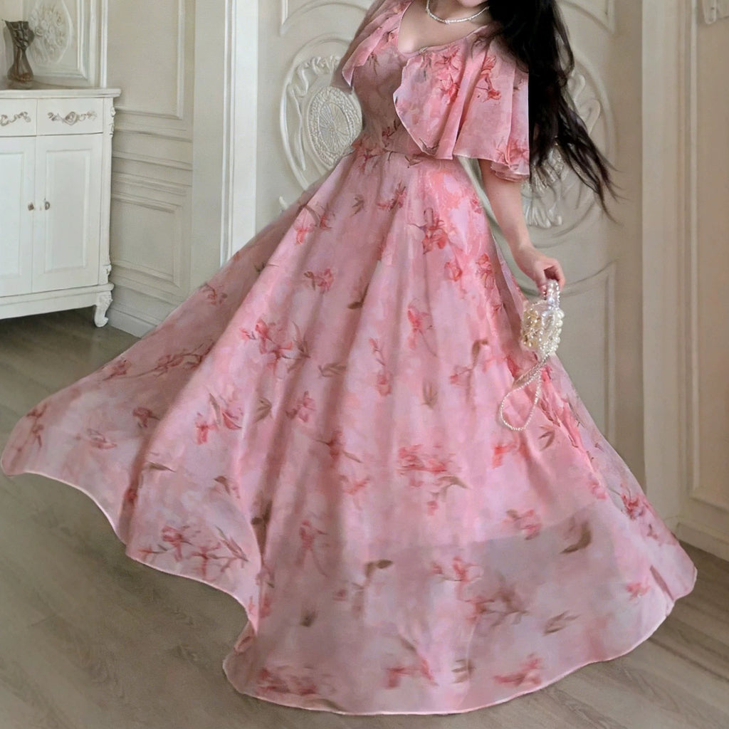 Summer  Printed V-Neck Slim Fit Dress with Flared Skirt and Flutter Sleeves
