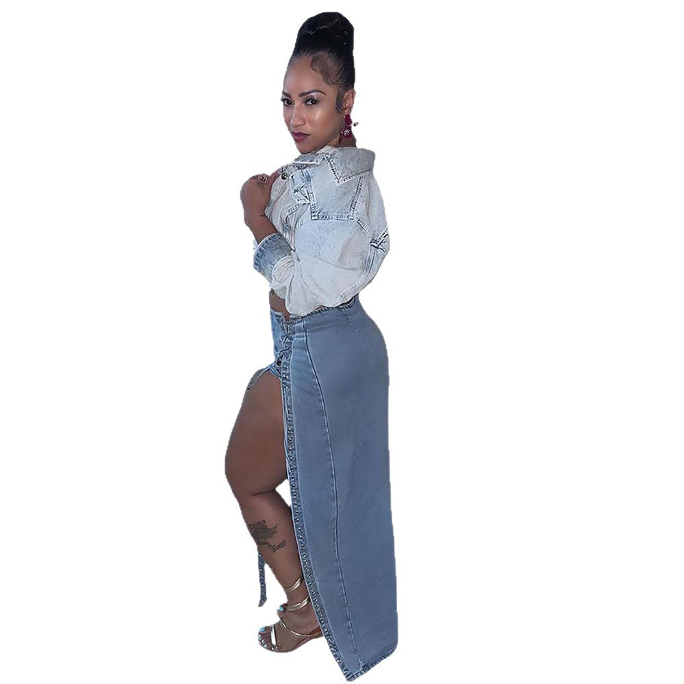 Women's Denim Midi Skirt, FashionableStyle with Eyelet Tie Closure and Side Slit