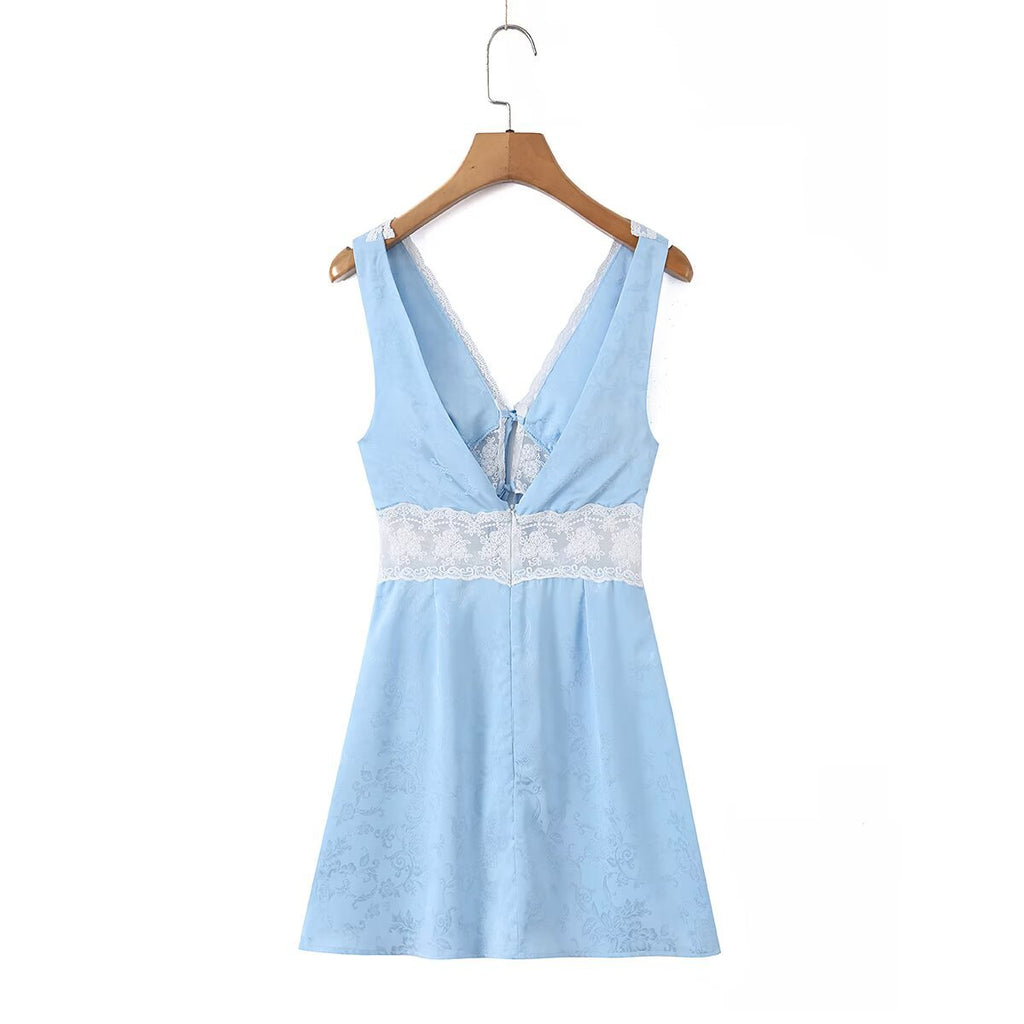 Satin mesh lace patchwork sleeveless dress