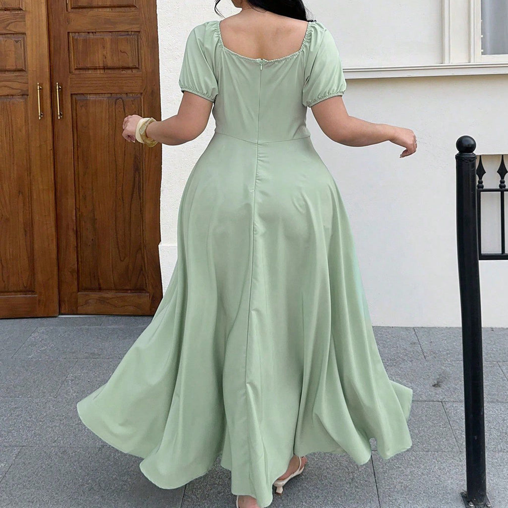 Sexy Women's Square Neck Bubble Sleeve Solid Color Elegant Plus Size Dress