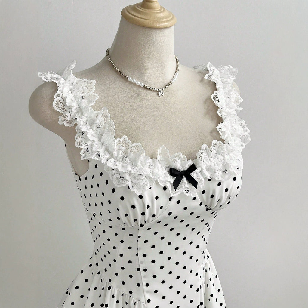 Lace lace bow polka dot A-line dress